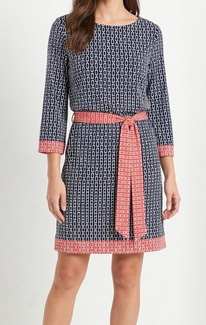 Studio One New York Womens Dress Large Belted Long Sleeve Blue Coral Pink